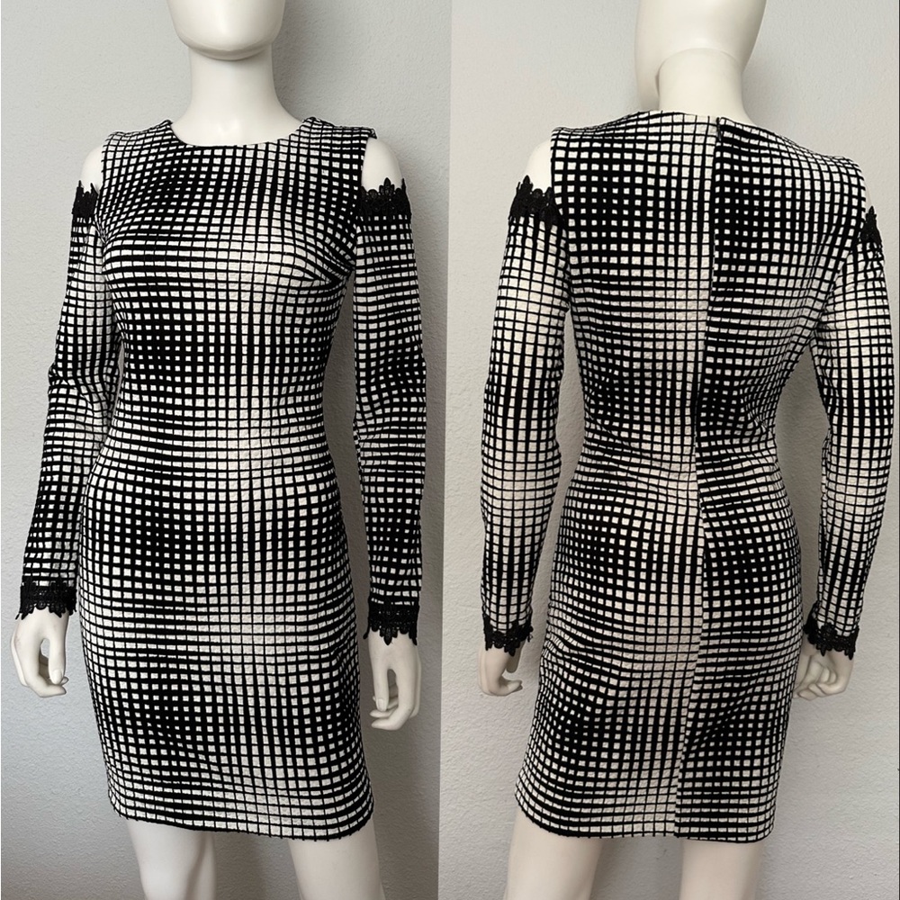 NWT WOMEN DRESS COLD SHOULDERS‎ LONG SLEEVES LACE BLACK WHITE PLAID CASUAL